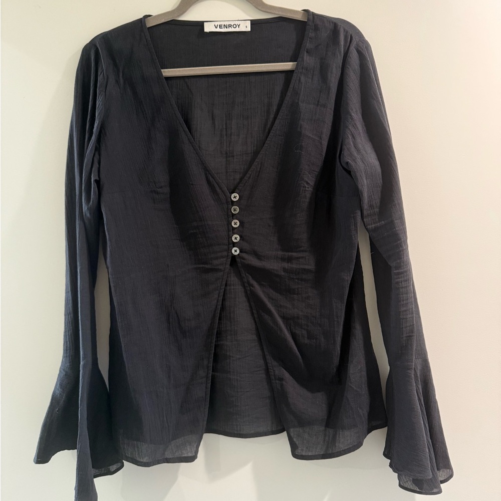 Venroy Navy V-Neck Blouse with Button Detail